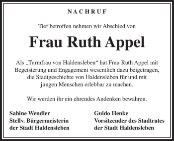Traueranzeige von Ruth Appel  von Magdeburger Volksstimme