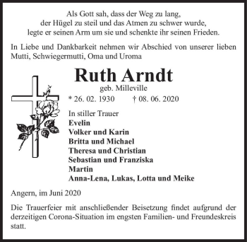 Traueranzeige von Ruth Arndt (geb. Milleville)  von Magdeburger Volksstimme