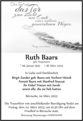 Traueranzeige von Ruth Baars (geb. Hoppmann)  von Magdeburger Volksstimme