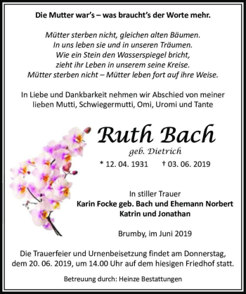 Traueranzeige von Ruth Bach (geb. Dietrich)  von Magdeburger Volksstimme