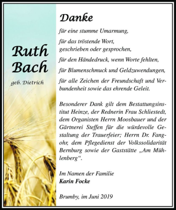 Traueranzeige von Ruth Bach (geb. Dietrich)  von Magdeburger Volksstimme