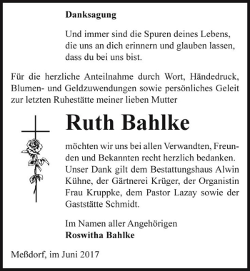 Traueranzeige von Ruth Bahlke  von Magdeburger Volksstimme