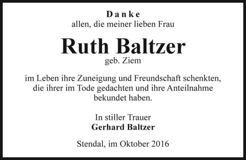  Traueranzeige für Ruth Baltzer (geb. Ziem)  vom 15.10.2016 aus Magdeburger Volksstimme