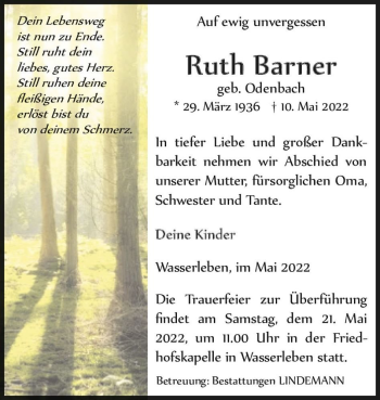 Traueranzeige von Ruth Barner (geb. Odenbach)  von Magdeburger Volksstimme