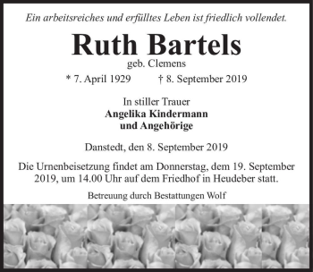 Traueranzeige von Ruth Bartels (geb. Clemens)  von Magdeburger Volksstimme