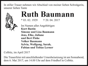 Traueranzeige von Ruth Baumann  von Magdeburger Volksstimme
