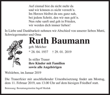 Traueranzeige von Ruth Baumann (geb. Melcher)  von Magdeburger Volksstimme