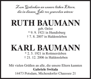 Traueranzeige von Ruth Baumann und Karl Baumann  von Magdeburger Volksstimme