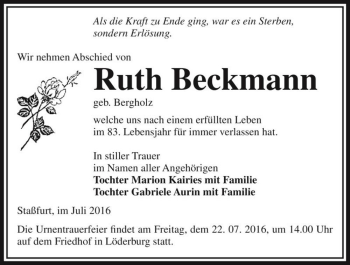Traueranzeige von Ruth Beckmann (geb. Bergholz)  von Magdeburger Volksstimme