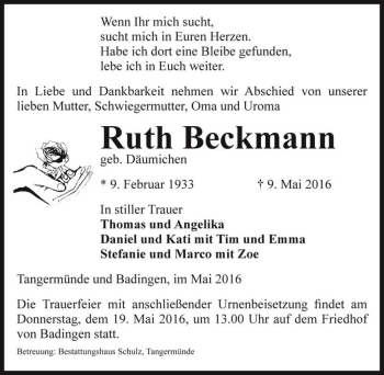 Traueranzeige von Ruth Beckmann (geb. Däumichen)  von Magdeburger Volksstimme