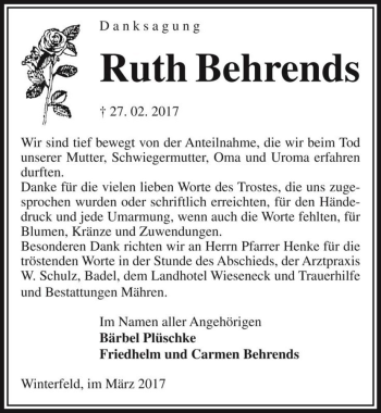 Traueranzeige von Ruth Behrends  von Magdeburger Volksstimme
