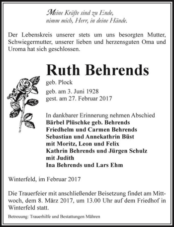 Traueranzeige von Ruth Behrends (geb. Plock)  von Magdeburger Volksstimme