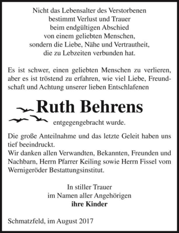 Traueranzeige von Ruth Behrens  von Magdeburger Volksstimme