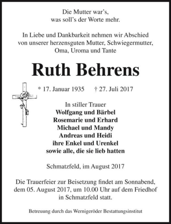 Traueranzeige von Ruth Behrens  von Magdeburger Volksstimme