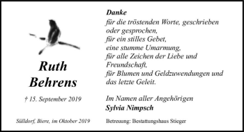 Traueranzeige von Ruth Behrens  von Magdeburger Volksstimme