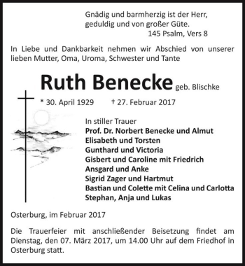 Traueranzeige von Ruth Benecke (geb. Blischke)  von Magdeburger Volksstimme