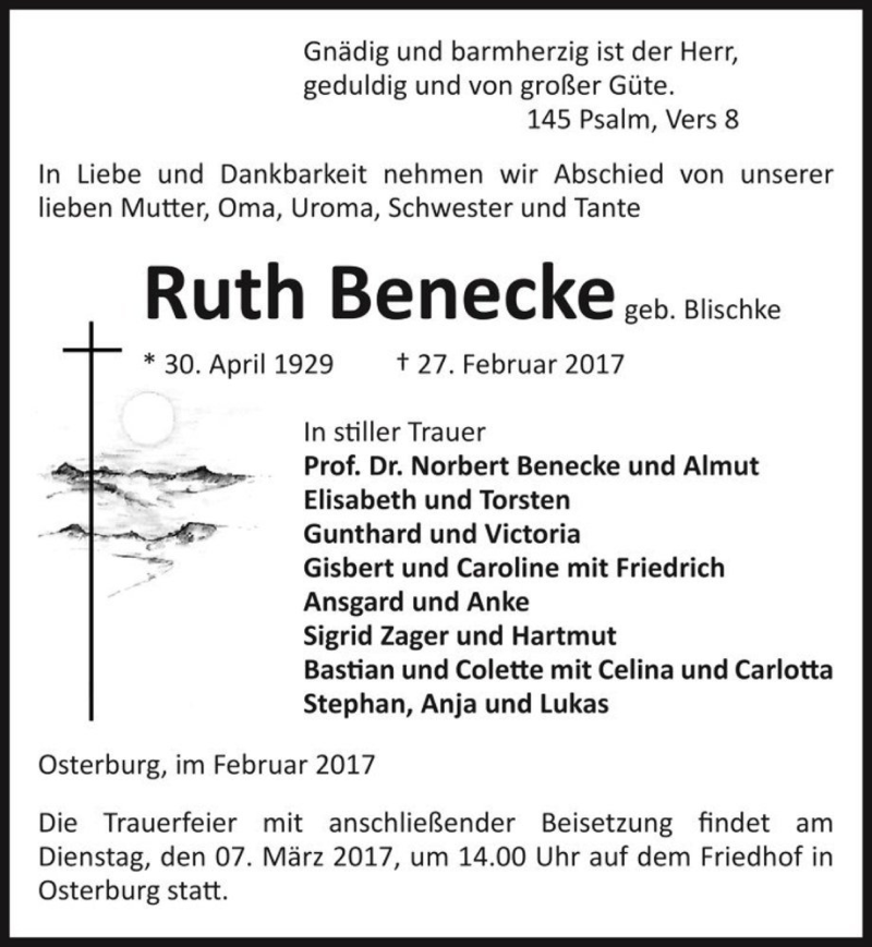  Traueranzeige für Ruth Benecke (geb. Blischke)  vom 01.03.2017 aus Magdeburger Volksstimme