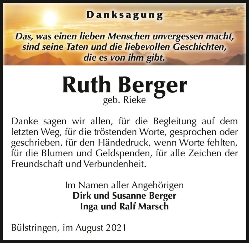  Traueranzeige für Ruth Berger (geb. Rieke)  vom 07.08.2021 aus Magdeburger Volksstimme
