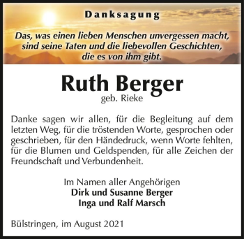 Traueranzeige von Ruth Berger (geb. Rieke)  von Magdeburger Volksstimme