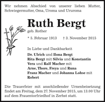 Traueranzeige von Ruth Bergt (geb. Rother)  von Magdeburger Volksstimme