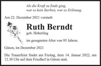 Traueranzeige von Ruth Berndtt (geb. Heberling)  von Magdeburger Volksstimme