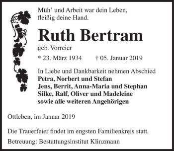 Traueranzeige von Ruth Bertram (geb. Vorreier)  von Magdeburger Volksstimme