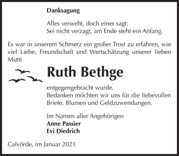 Traueranzeige von Ruth Bethge  von Magdeburger Volksstimme