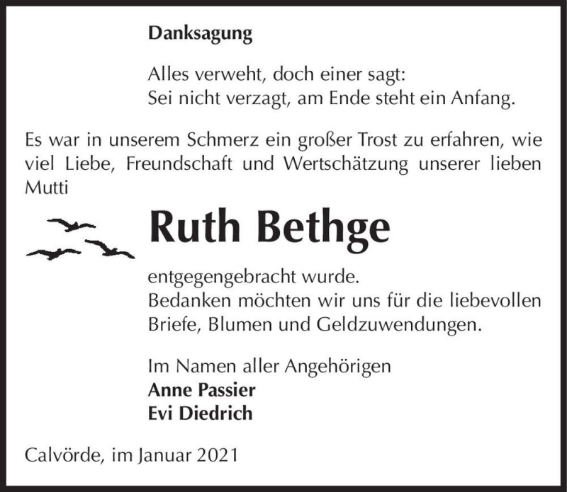  Traueranzeige für Ruth Bethge  vom 30.01.2021 aus Magdeburger Volksstimme