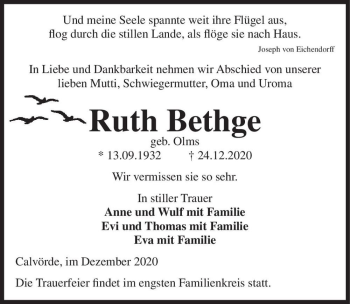 Traueranzeige von Ruth Bethge (geb. Olms)  von Magdeburger Volksstimme