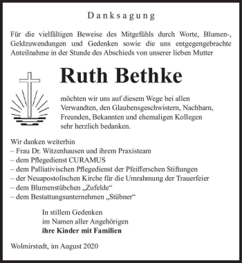 Traueranzeige von Ruth Bethke  von Magdeburger Volksstimme
