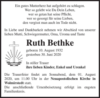 Traueranzeige von Ruth Bethke  von Magdeburger Volksstimme