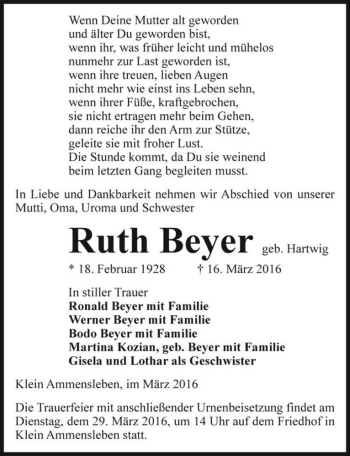 Traueranzeige von Ruth Beyer (geb. Hartwig)  von Magdeburger Volksstimme