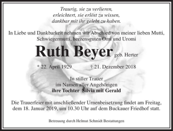 Traueranzeige von Ruth Beyer (geb. Herter)  von Magdeburger Volksstimme