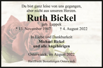 Traueranzeige von Ruth Bickel (geb. Leppek)  von Magdeburger Volksstimme