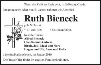 Traueranzeige von Ruth Bieneck (geb. Stoletzki)  von Magdeburger Volksstimme