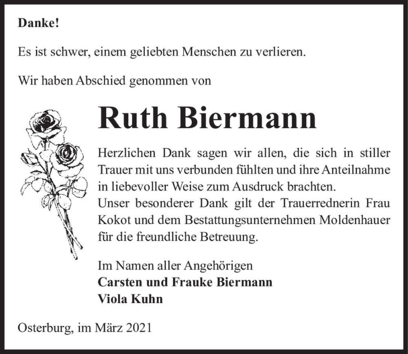  Traueranzeige für Ruth Biermann  vom 10.04.2021 aus Magdeburger Volksstimme