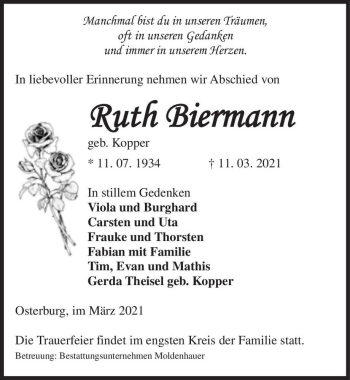 Traueranzeige von Ruth Biermann (geb. Kopper)  von Magdeburger Volksstimme