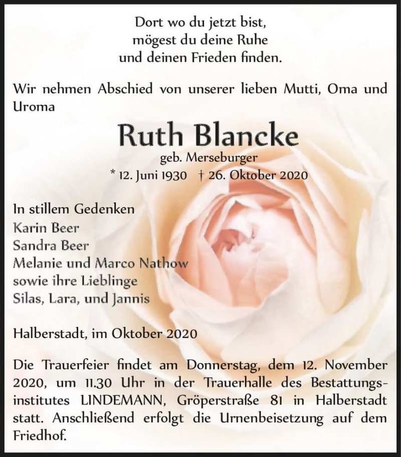  Traueranzeige für Ruth Blancke (geb. Merseburger)  vom 07.11.2020 aus Magdeburger Volksstimme