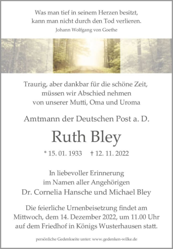 Traueranzeige von Ruth Bley  von Magdeburger Volksstimme
