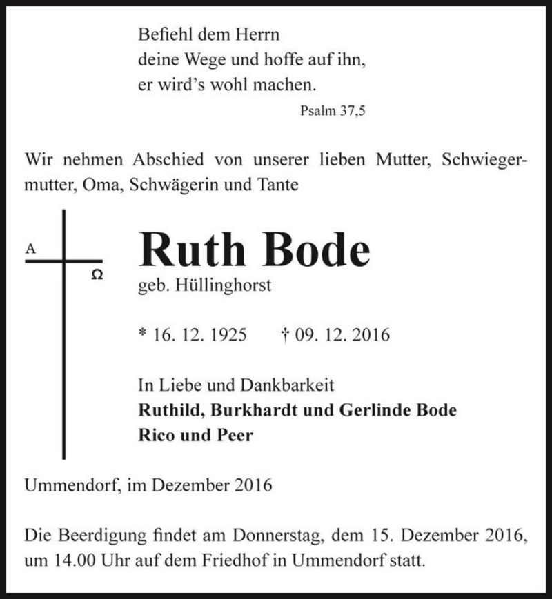  Traueranzeige für Ruth Bode (geb. Hüllinghorst)  vom 12.12.2016 aus Magdeburger Volksstimme