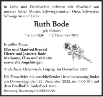 Traueranzeige von Ruth Bode (geb. Kleinert)  von Magdeburger Volksstimme