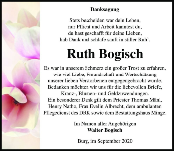 Traueranzeige von Ruth Bogisch  von Magdeburger Volksstimme