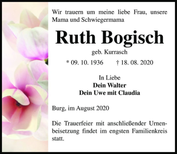 Traueranzeige von Ruth Bogisch (geb. Kurrasch)  von Magdeburger Volksstimme