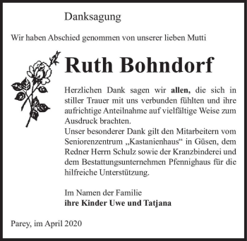 Traueranzeige von Ruth Bohndorf  von Magdeburger Volksstimme