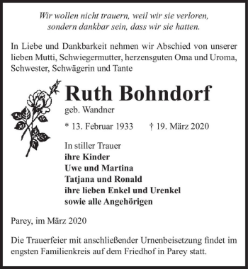 Traueranzeige von Ruth Bohndorf (geb. Wandner)  von Magdeburger Volksstimme