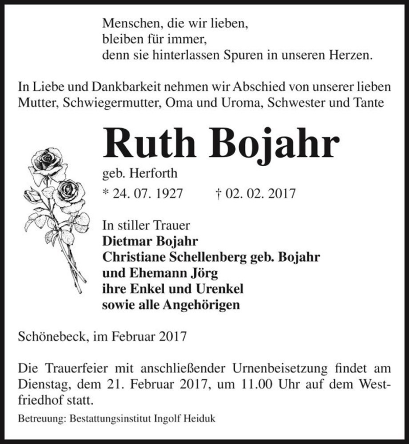  Traueranzeige für Ruth Bojahr (geb. Herforth)  vom 11.02.2017 aus Magdeburger Volksstimme