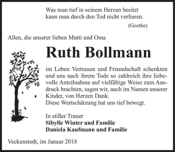 Traueranzeige von Ruth Bollmann  von Magdeburger Volksstimme