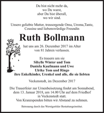 Traueranzeige von Ruth Bollmann  von Magdeburger Volksstimme