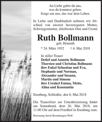 Traueranzeige von Ruth Bollmann (geb. Homuth)  von Magdeburger Volksstimme