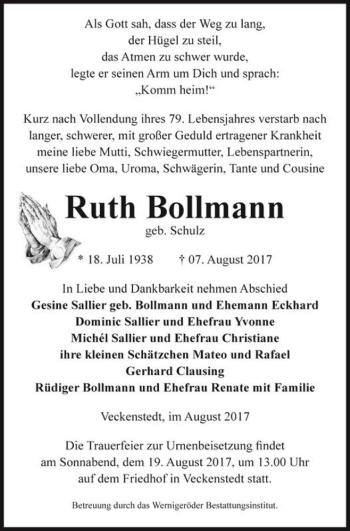 Traueranzeige von Ruth Bollmann (geb. Schulz)  von Magdeburger Volksstimme